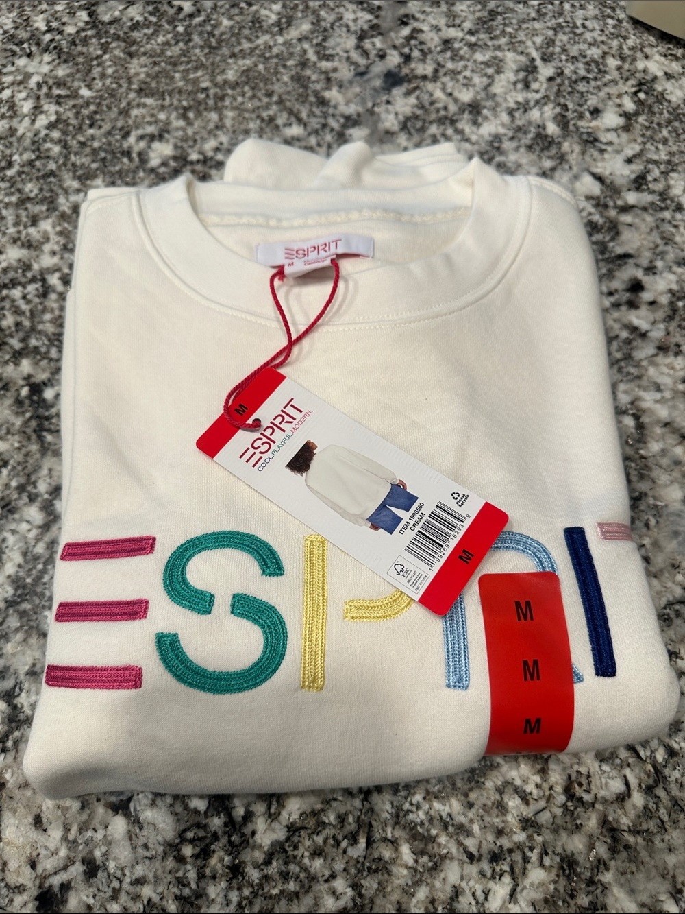 NWT Esprit White Sweatshirt with Multicolor Embroidered Logo Costco Medium M - Picture 2 of 2